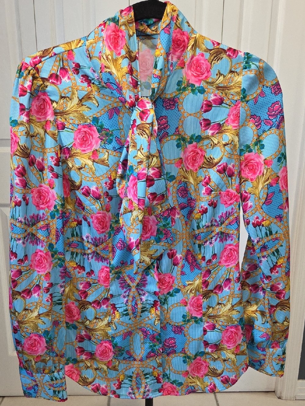 Sz 6 Hawes & Curtis Vibrant Pink Blue Floral Tie-Neck Blouse